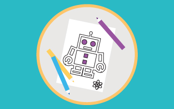 An illustration of a kid's club coloring sheet of a robot with a purple and blue colored pencil next to the coloring sheet