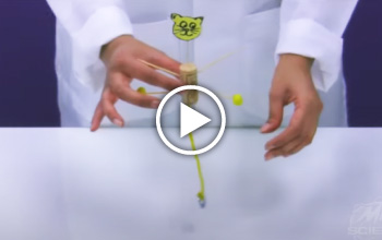 A mad science instructor holding a cork screw with pipe cleaners in between her two fingers