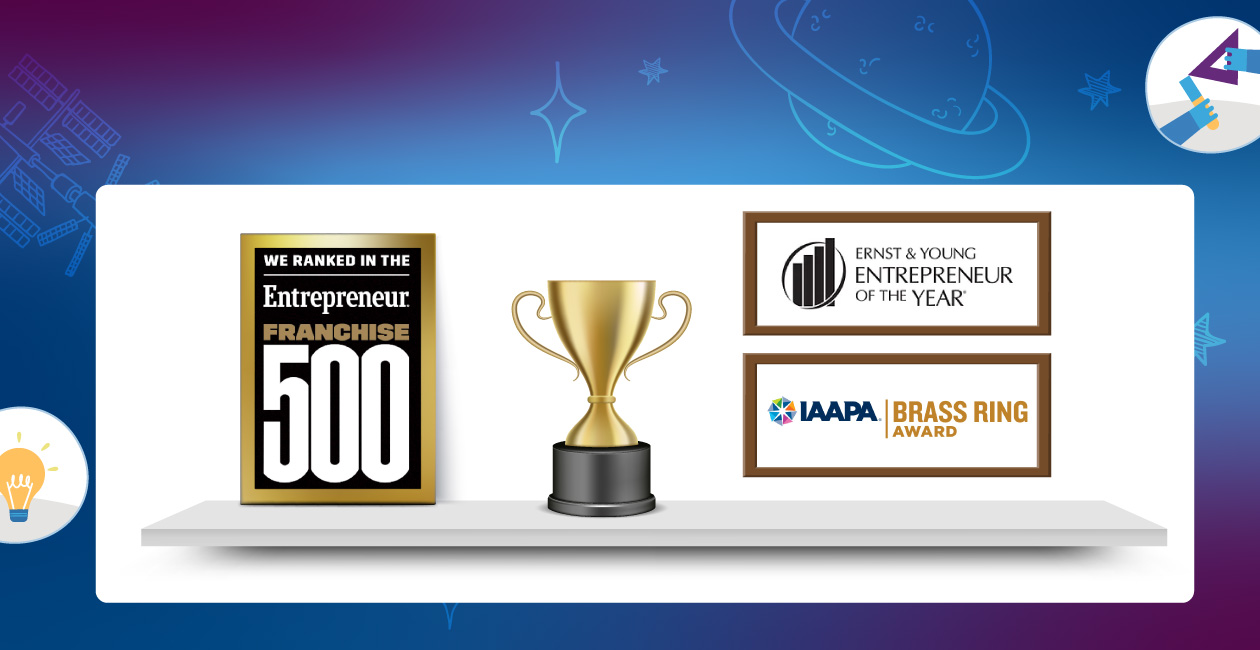 A trophy case displaying Mad Science's awards.