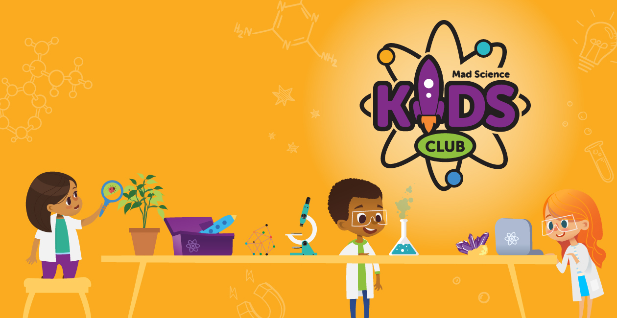 An illustration of 3 kids working at a desk on different science experiments. On the desk is a computer, a plant, a box with 