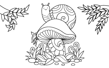 A coloring page of a snail sitting on a mushroom.